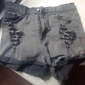 High Waisted Distressed Black Denim Shorts